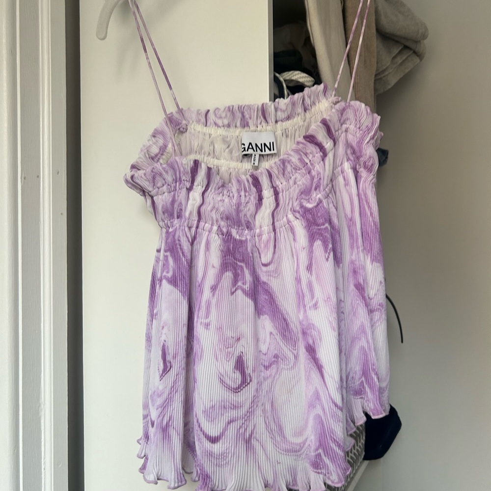 Ganni Tops | Ganni Purple and White Pleated Georgette Strappy Cami.